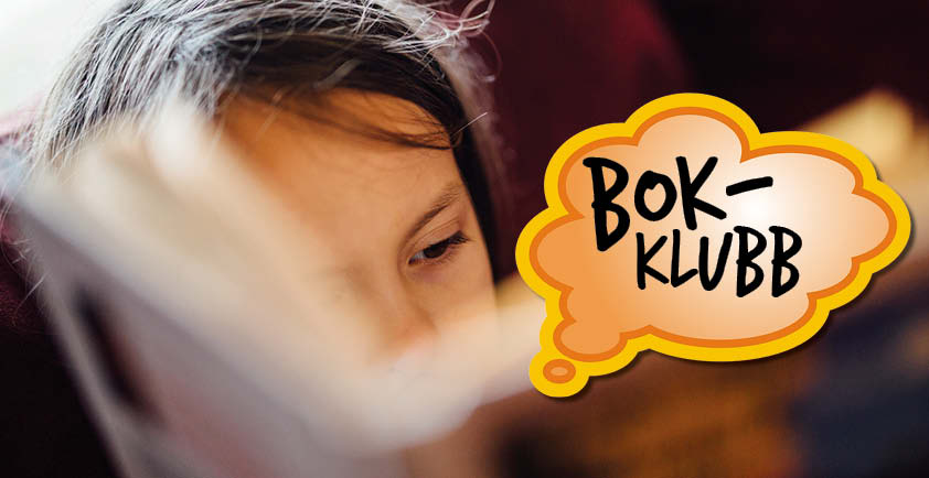 Närbild på barn som läser. Pratbubbla med texten Bokklubb.