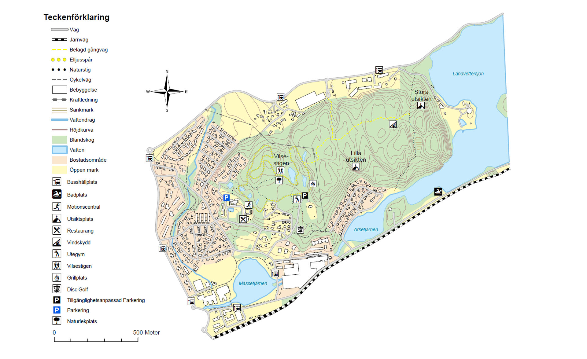 Illustrerad karta med innehållsförteckning över Wendelsbergsparken med tillhörande friluftsområde.