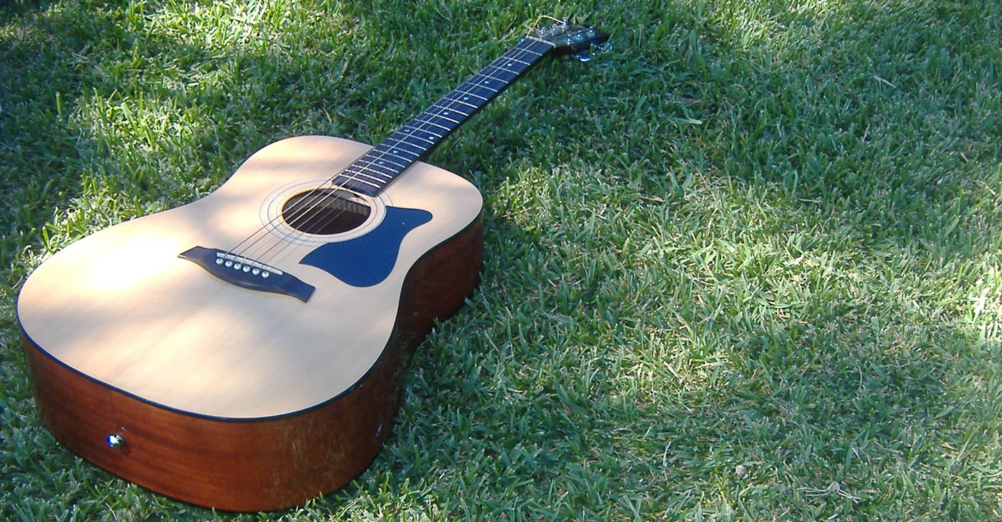En akustisk gitarr på en solig gräsmatta.
