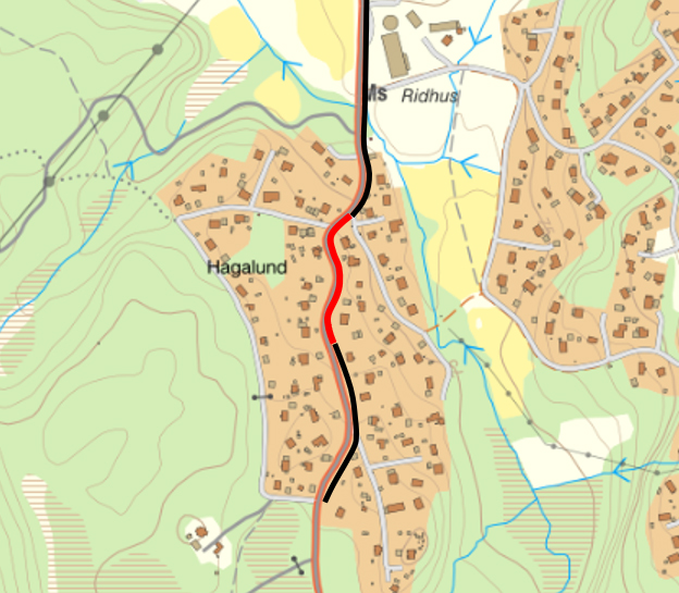 Kartbild som visar vägsträcka i rött för nu gång- och cykelbaneförbindelse