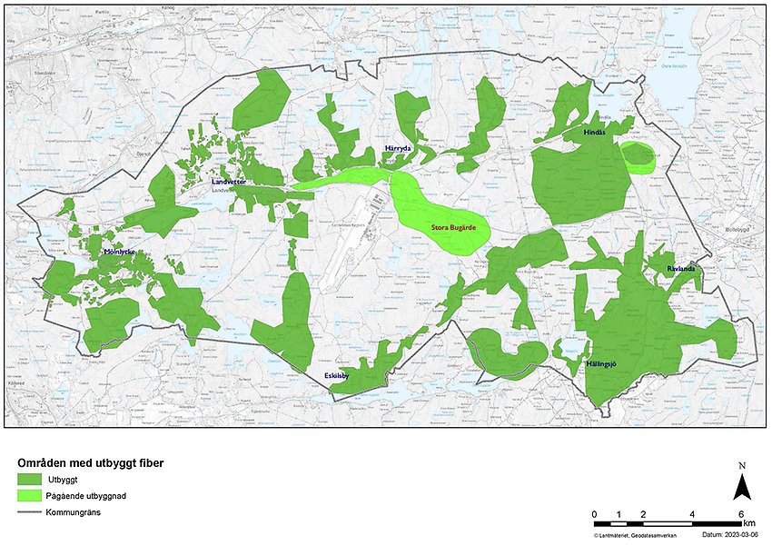 Kartbild från Lantmäteriet som visar områden i Härryda kommun som i mars 2023 har fibernät och vilka områden som är planerade att få fibernät.