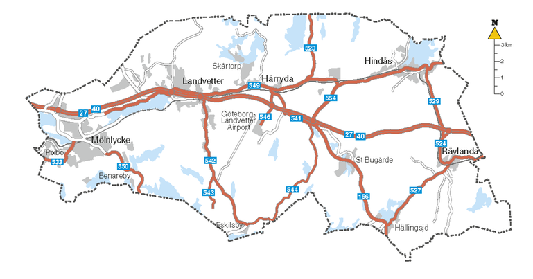 Karta som visar vägar i Härryda kommun som Trafikverket ansvarar för att hålla rent på, snöröja och halkbekämpa. 