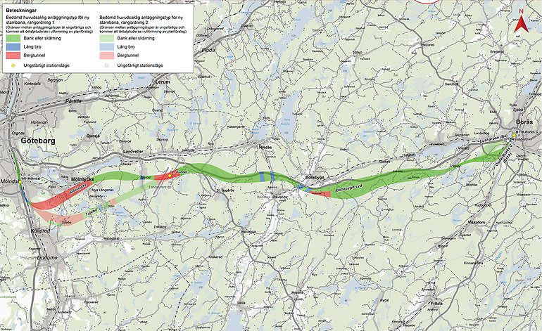 Karta som är markerad med en grön och rödfärgad sträcka för att visa föreslagna tågkorridorer för en ny järnväg mellan Göteborg och Borås genom Härryda kommun.